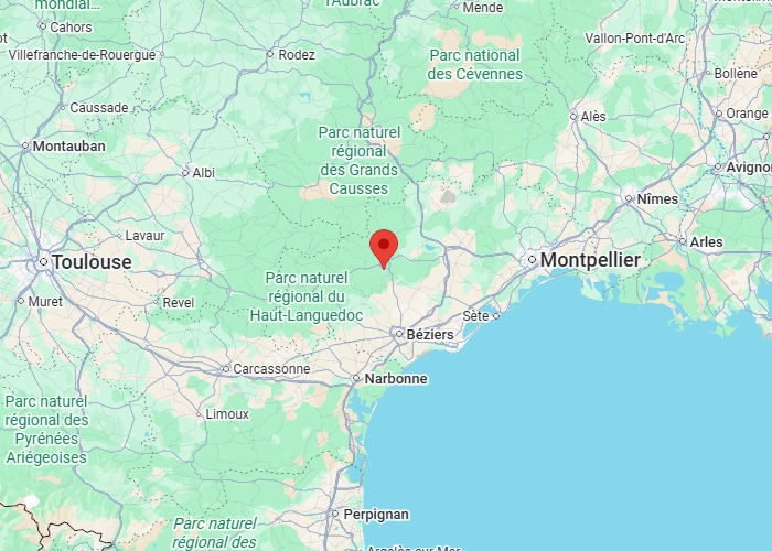 Carte Sud France: Toulouse, Montpellier, Haut-Languedoc Carte du sud de la France, Montpelliier, Toulouse, Béziers, avec un marqueur rouge dans le Parc naturel régional du Haut-Languedoc.